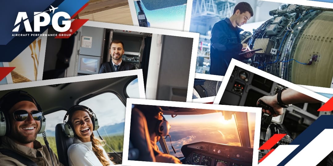 A collage of aviation industry scenes with the Aircraft Performance Group (APG) logo. The collage includes pilots smiling in a cockpit, a flight attendant standing in an aircraft galley, a technician working on a jet engine, a pilot’s view from the cockpit at sunset, a hand operating cockpit controls, and various aircraft elements, illustrating teamwork and aviation operations.