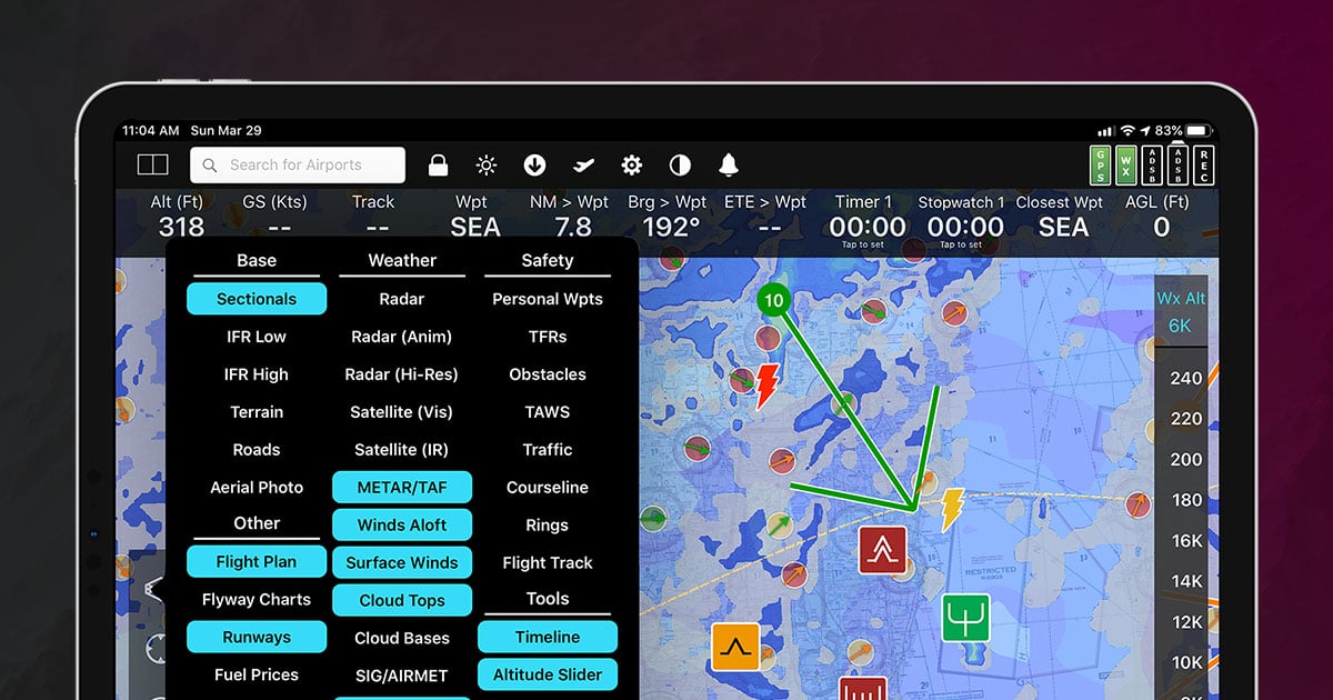 FlyQ+ EFB screen with multi-layer aviation weather