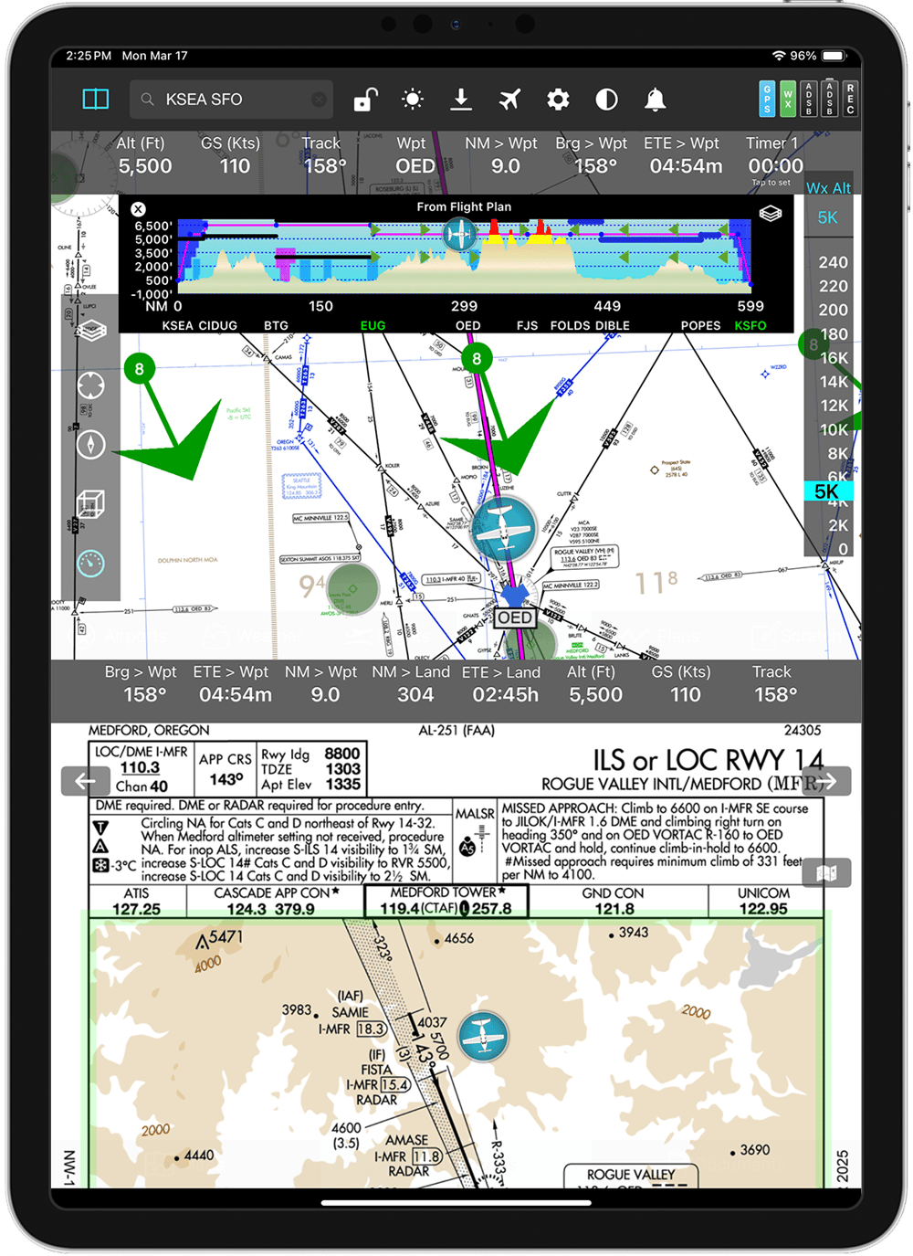 FlyQ: electronic flight bag software showing winds and plates