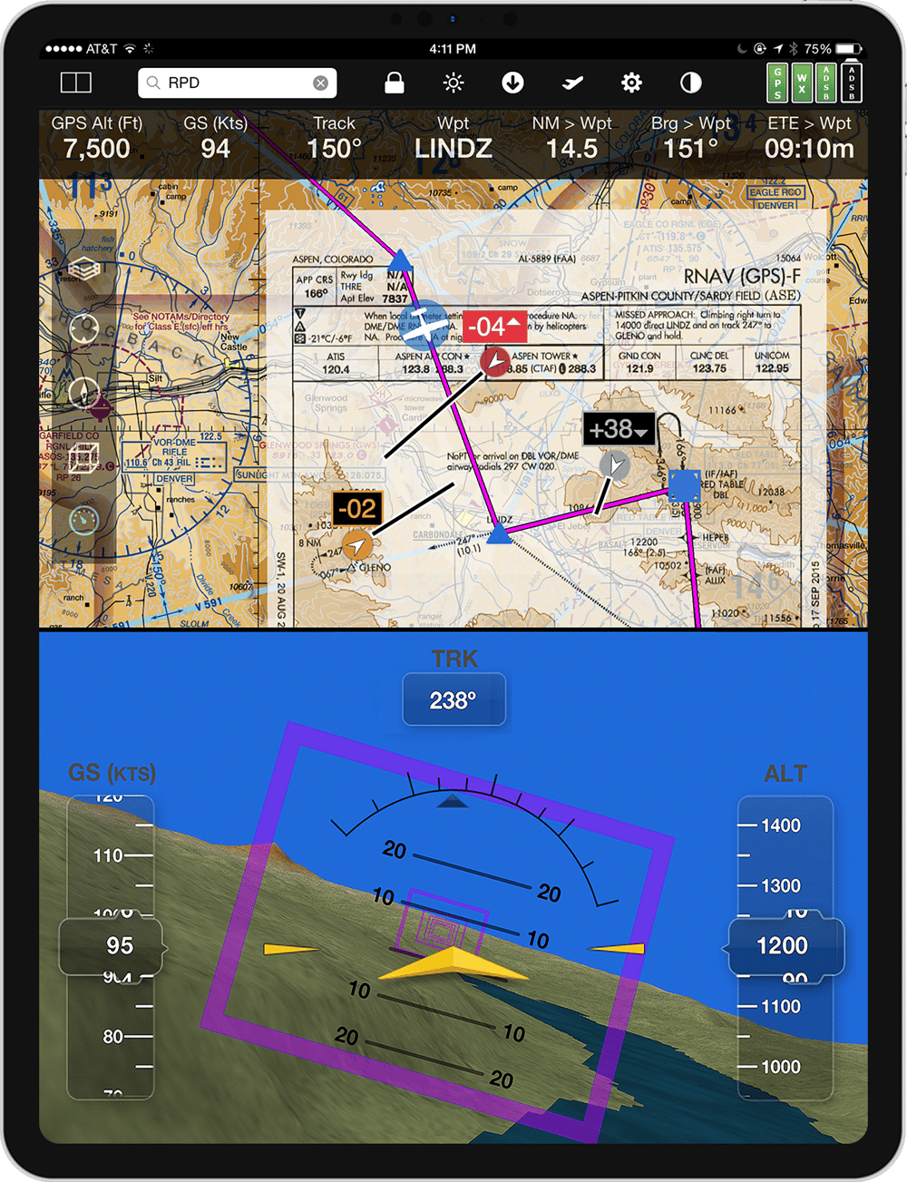 Product Screenshot: EFB app with split screen interface on Apple iPad