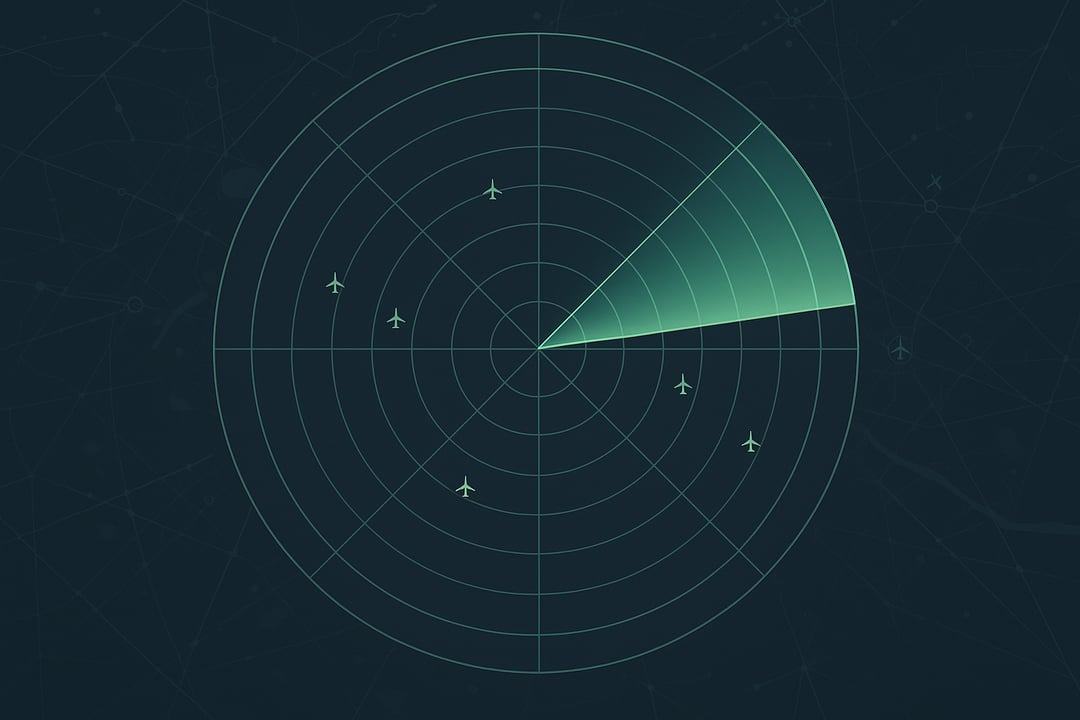 Aviation radar vector showing aircraft positions and sweep lines, representing GPS spoofing detection and navigation safety